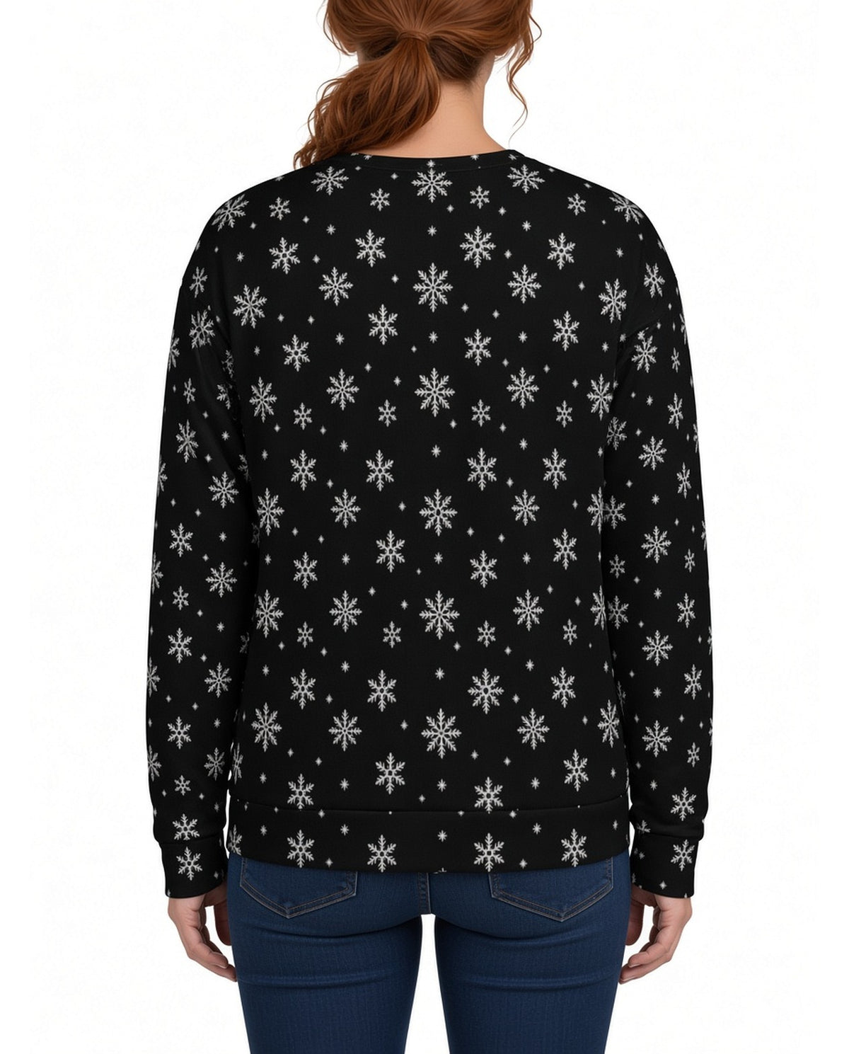 Santa Peeing Leaky Roof Funny Christmas Sweater in BLACK, back, worn by woman