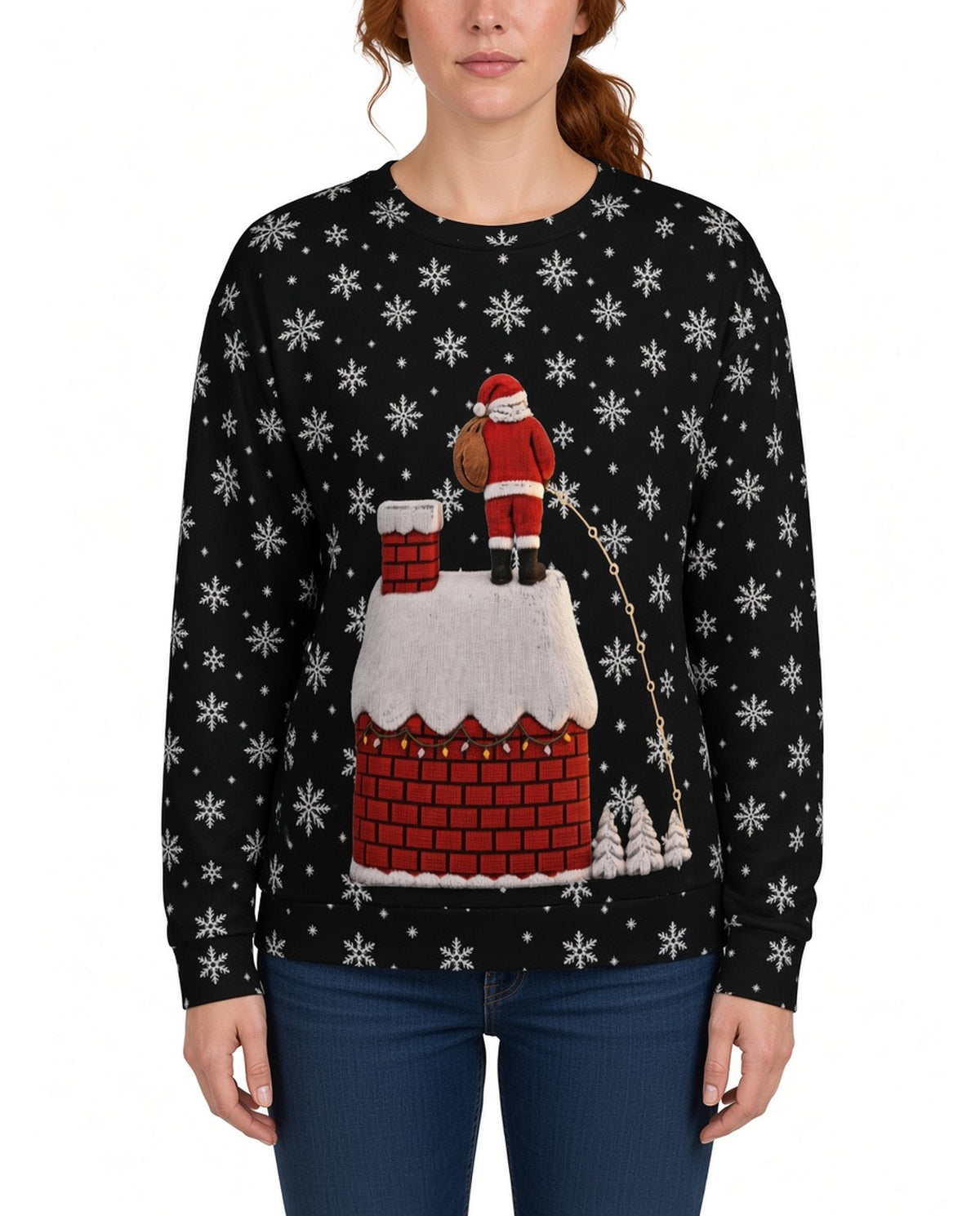 Santa Peeing Leaky Roof Funny Christmas Sweater in BLACK, front, worn by woman