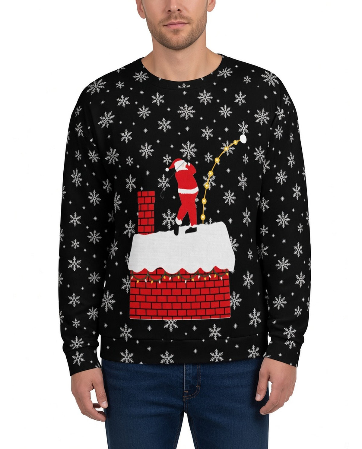Santa Slice Golfing Funny Christmas Sweater in BLACK, front, worn by man