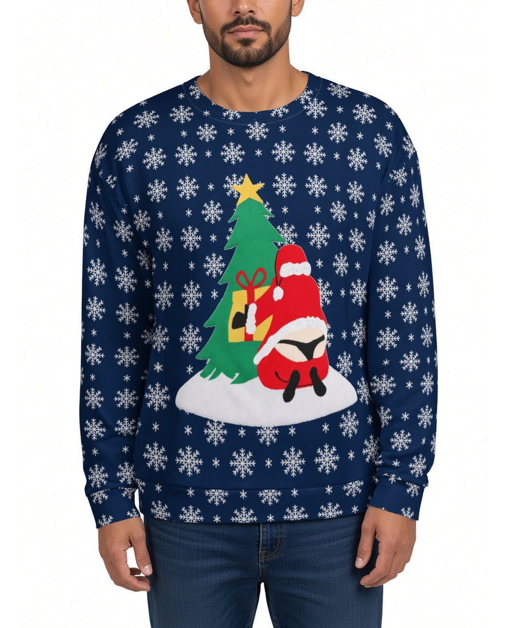 Santa Thong Funny Christmas Sweater in NAVY, front, worn by man