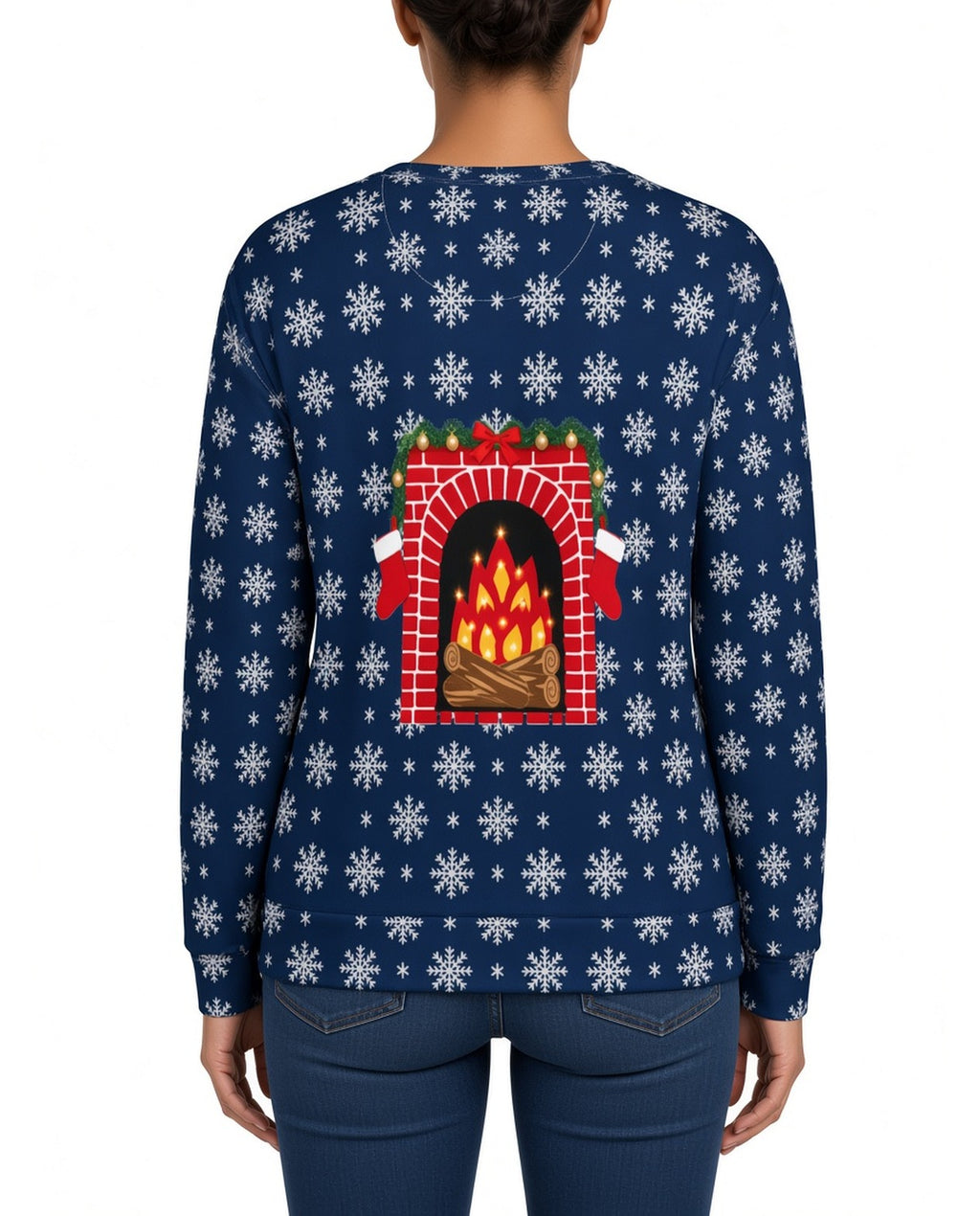 Santa Thong Funny Christmas Sweater in NAVY, back, worn by woman