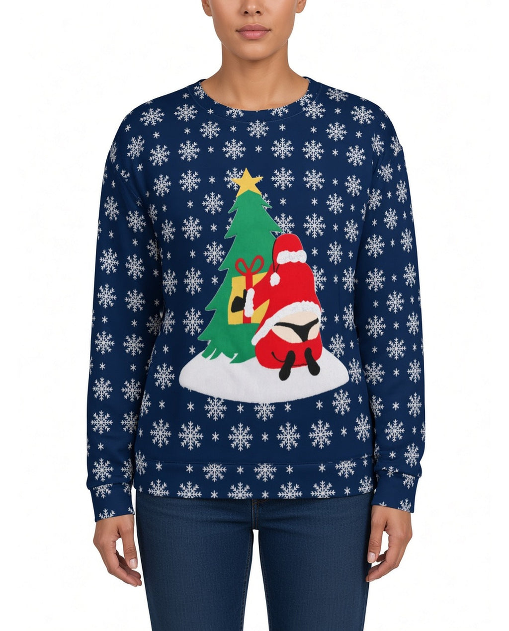 Santa Thong Funny Christmas Sweater in NAVY, front, worn by woman
