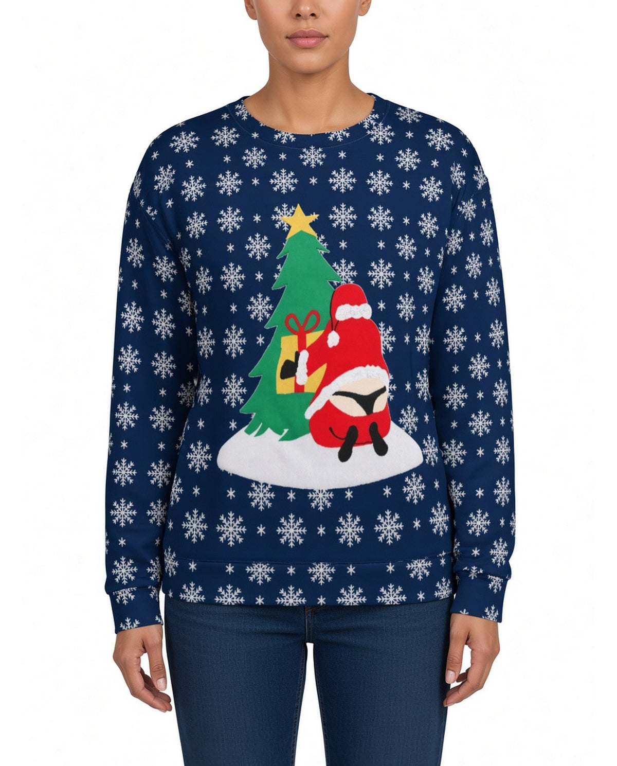 Santa Thong Funny Christmas Sweater in NAVY, front, worn by woman