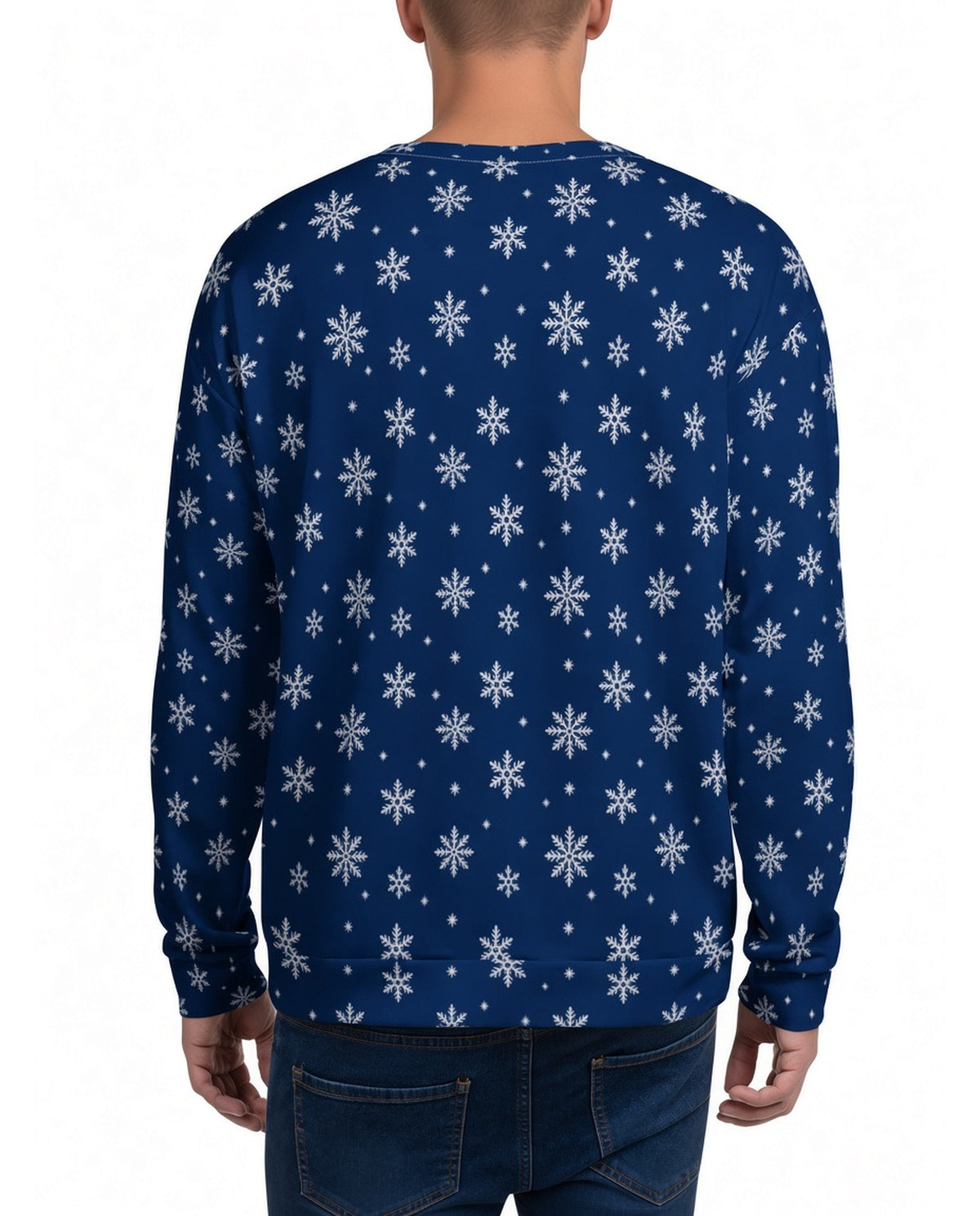 Santa's Log on Fire Funny Christmas Sweater in NAVY, back, worn by man