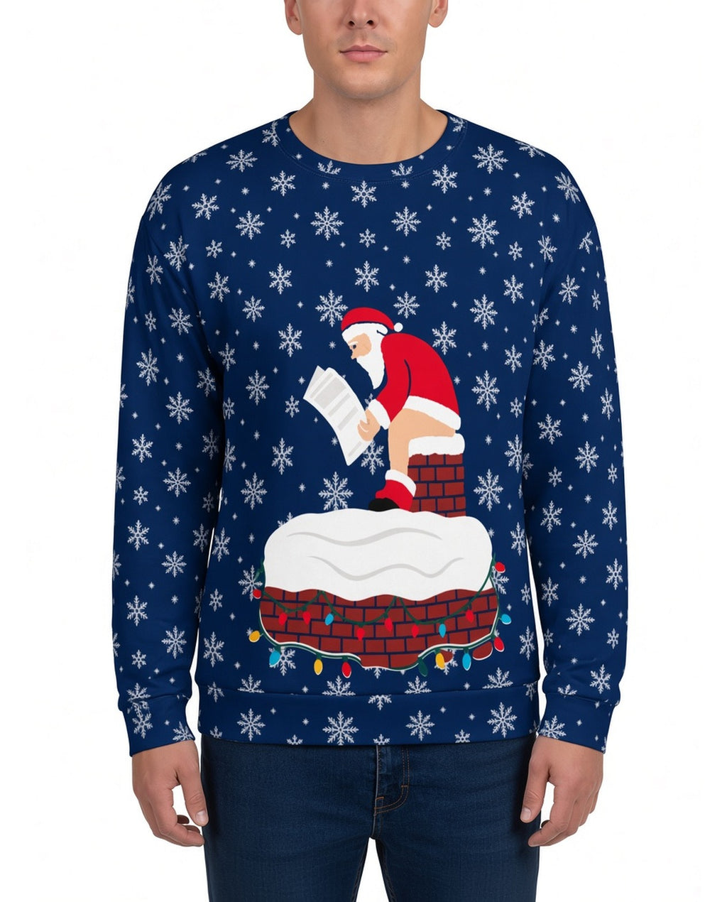 Santa's Log on Fire Funny Christmas Sweater in NAVY, front, worn by man
