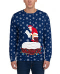 Santa's Log on Fire Funny Christmas Sweater in NAVY, front, worn by man