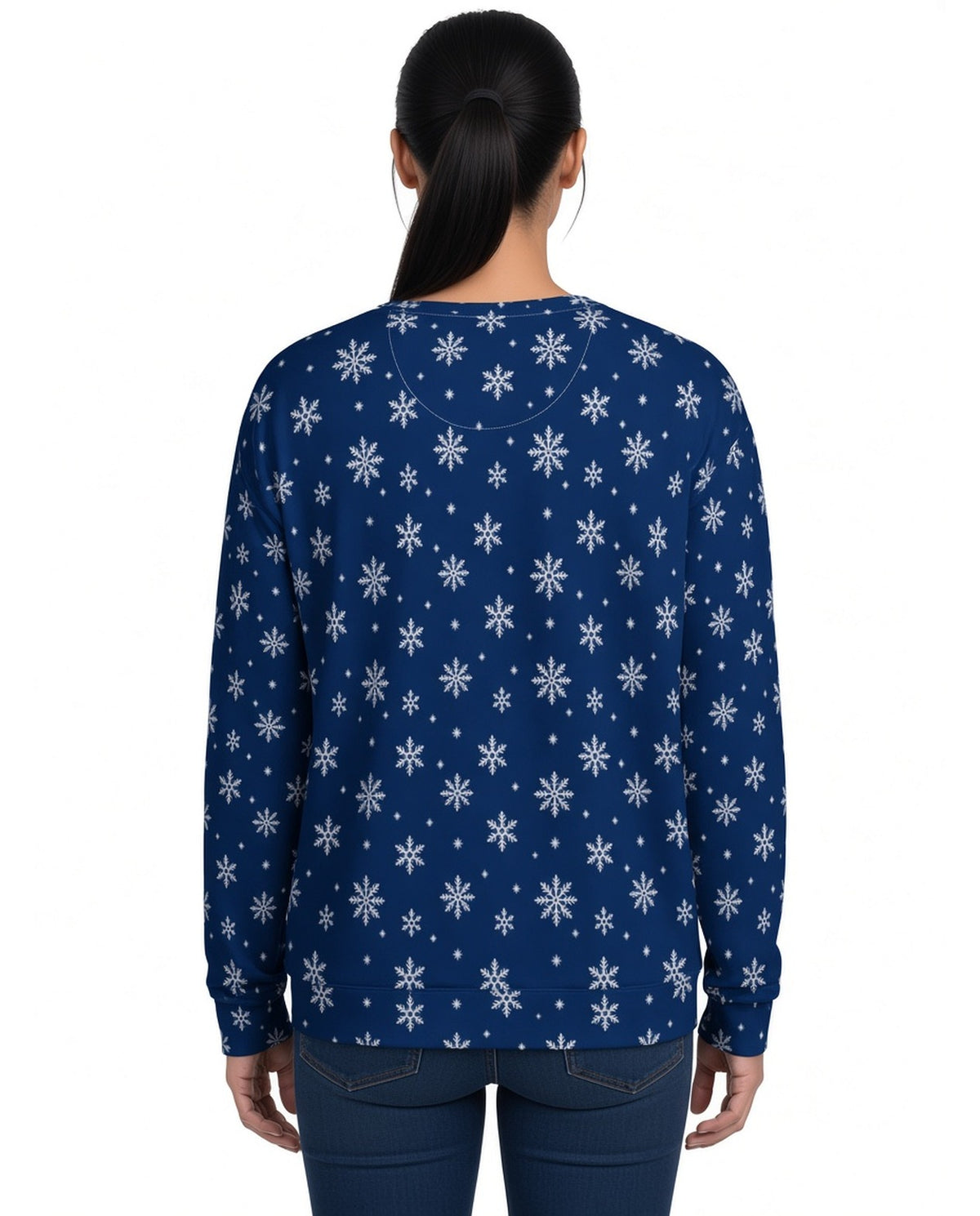 Santa's Log on Fire Funny Christmas Sweater in NAVY, back, worn by woman
