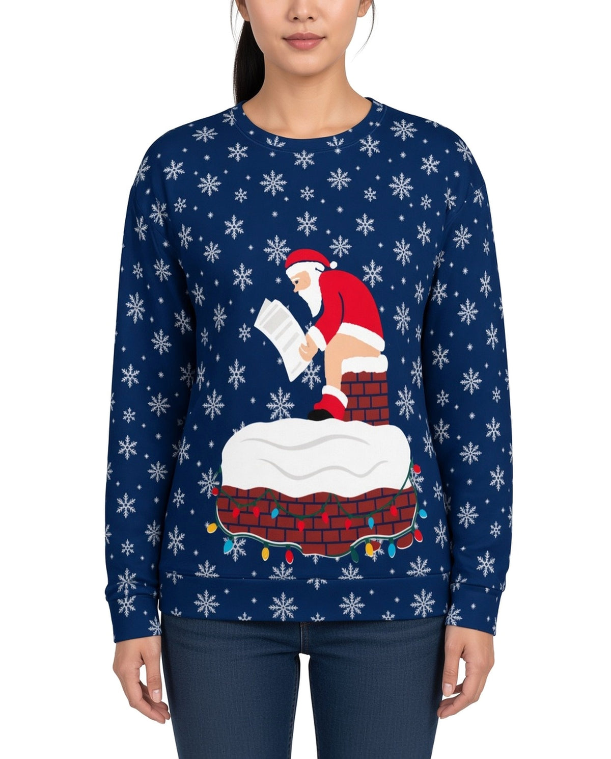 Santa's Log on Fire Funny Christmas Sweater in NAVY, front, worn by woman