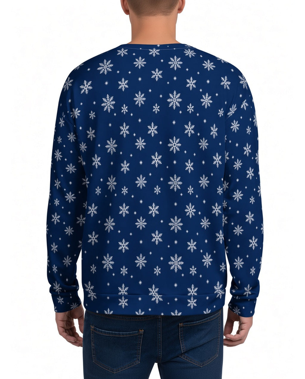 Sleighin It Funny Christmas Sweater in NAVY, back, worn by man