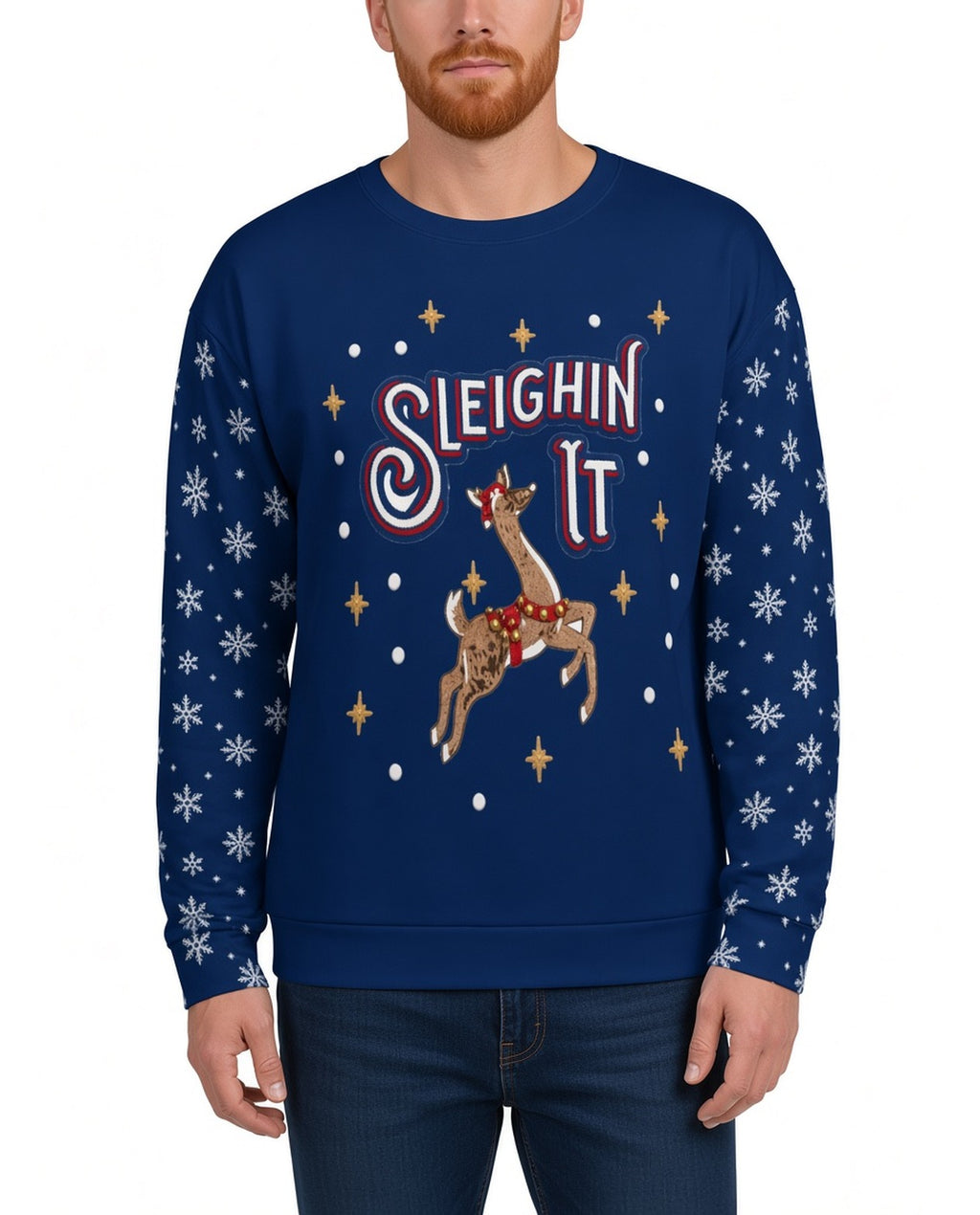 Sleighin It Funny Christmas Sweater in NAVY, front, worn by man