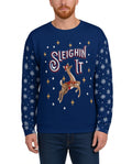 Sleighin It Funny Christmas Sweater in NAVY, front, worn by man