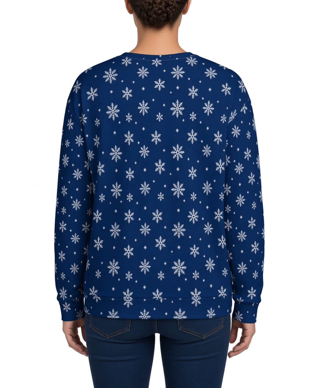 Sleighin It Funny Christmas Sweater in NAVY, back, worn by woman