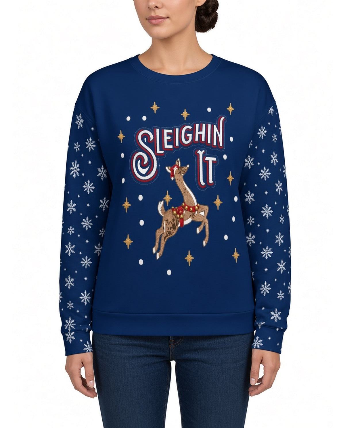 Sleighin It Funny Christmas Sweater in NAVY, front, worn by woman