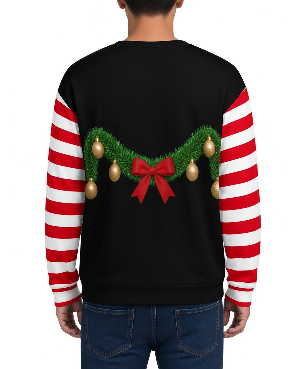 Too Lit Funny Christmas Sweater in BLACK, back, worn by man