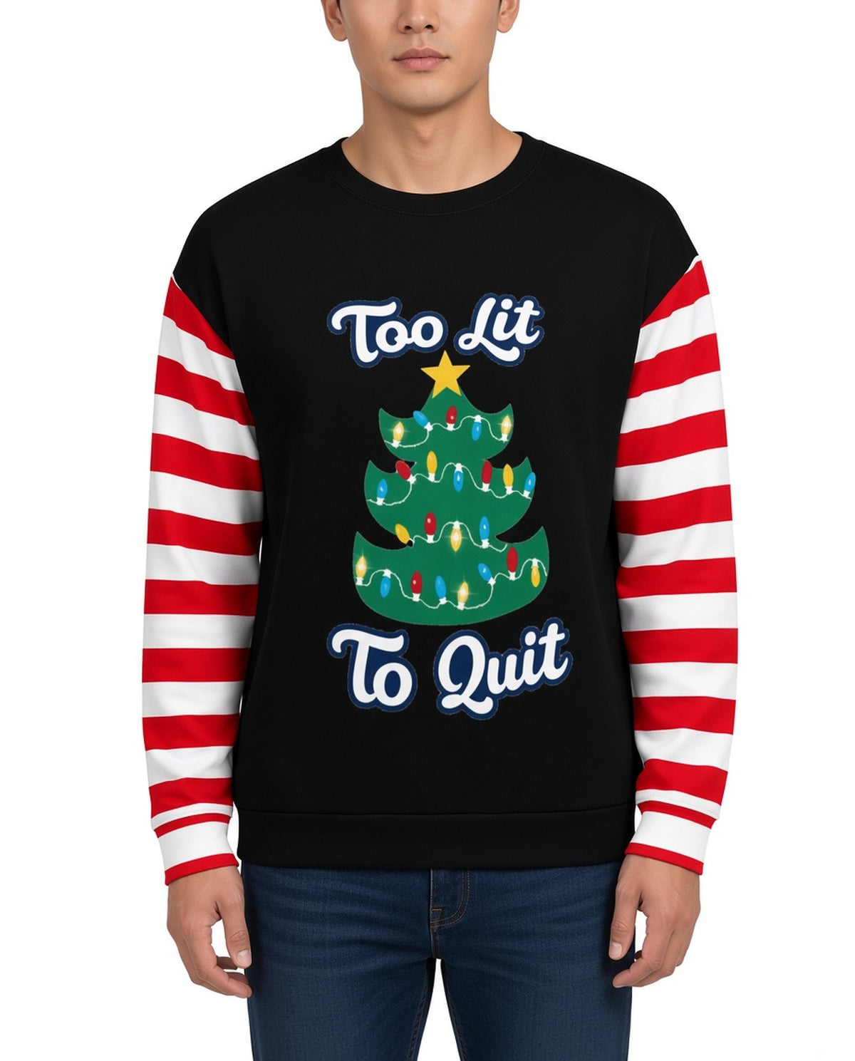 Too Lit Funny Christmas Sweater in BLACK, front, worn by man