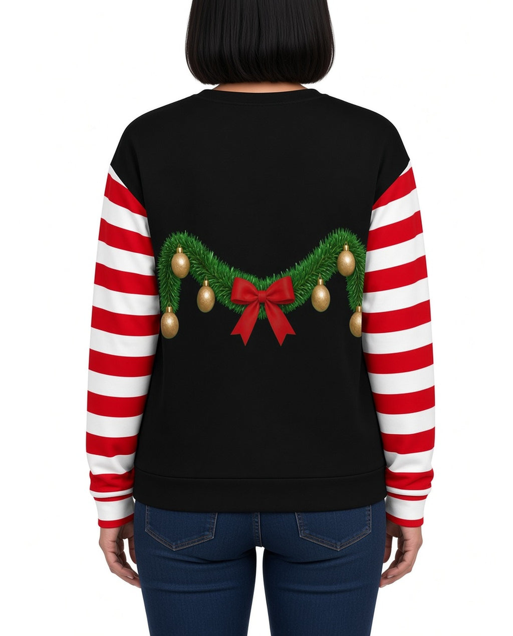 Too Lit Funny Christmas Sweater in BLACK, back, worn by woman