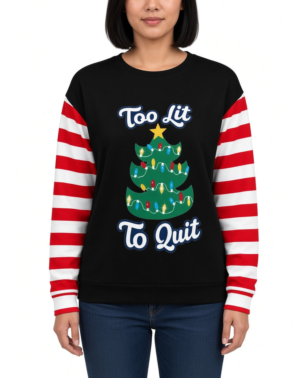 Too Lit Funny Christmas Sweater in BLACK, front, worn by woman