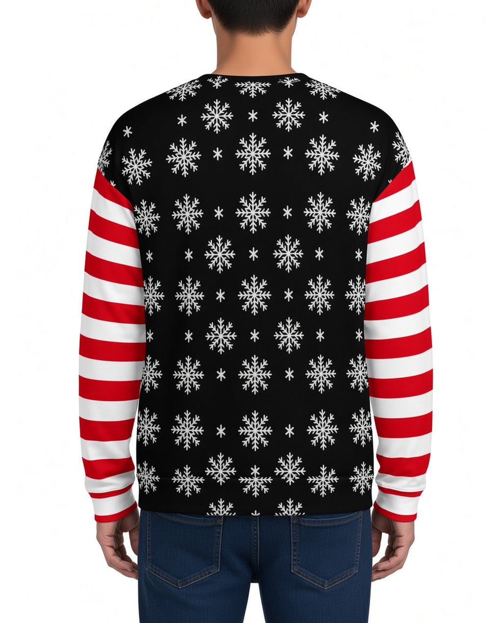 We Dem Boys Funny Christmas Sweater in BLACK, back, worn by man