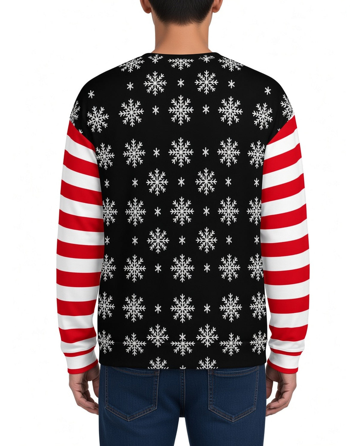 We Dem Boys Funny Christmas Sweater in BLACK, back, worn by man