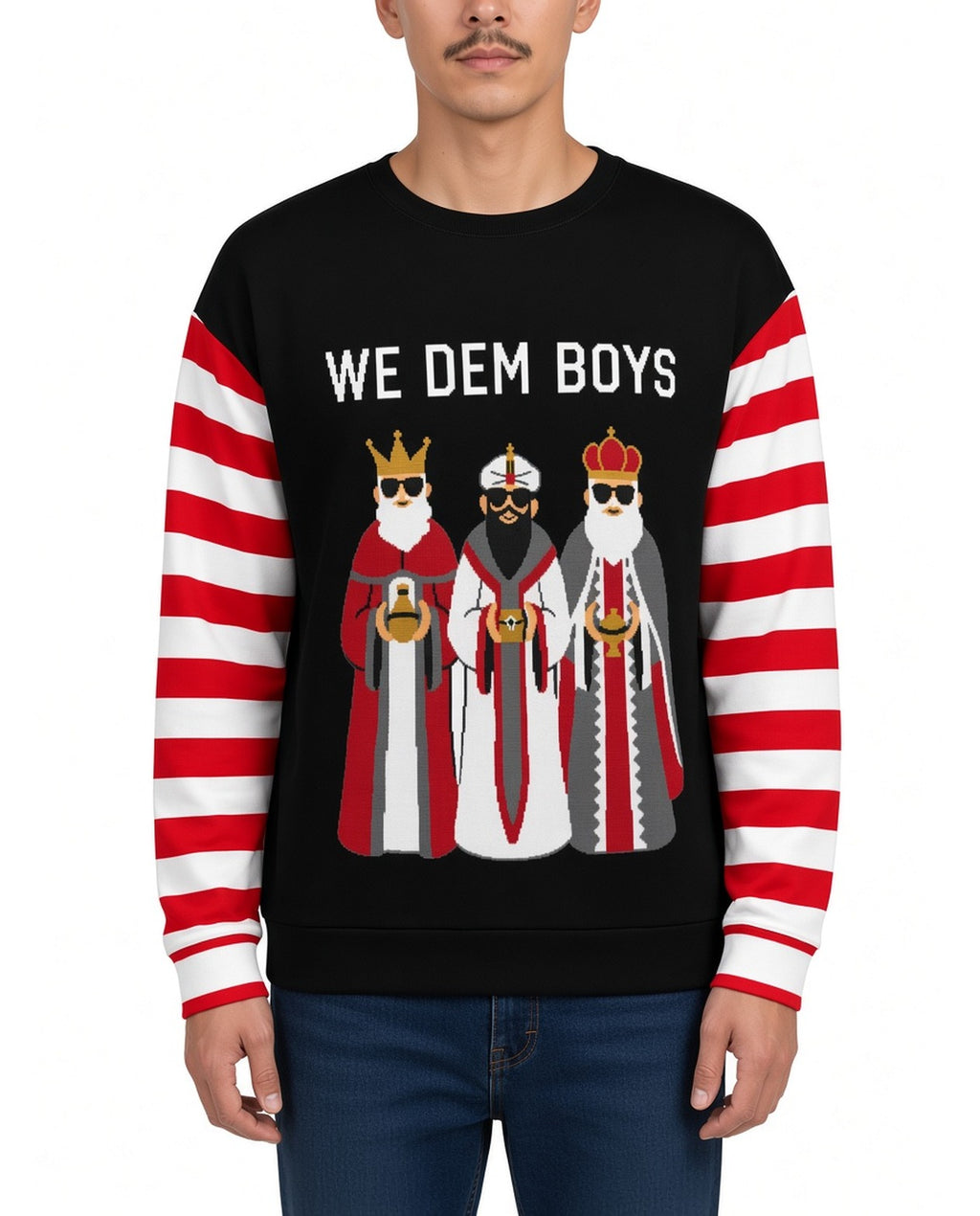 We Dem Boys Funny Christmas Sweater in BLACK, front, worn by man