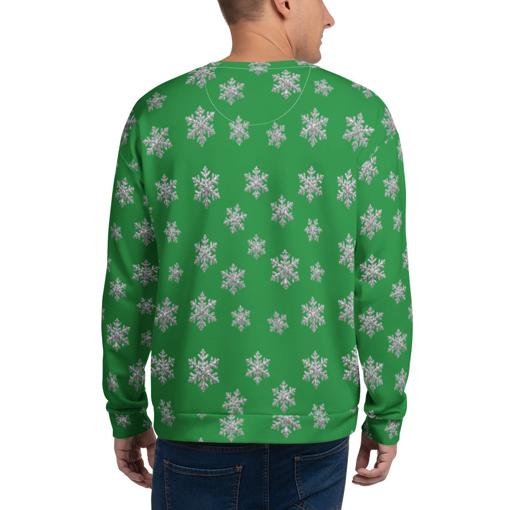 Whoop Deer It Is funny Christmas sweater in GREEN, back, worn by man
