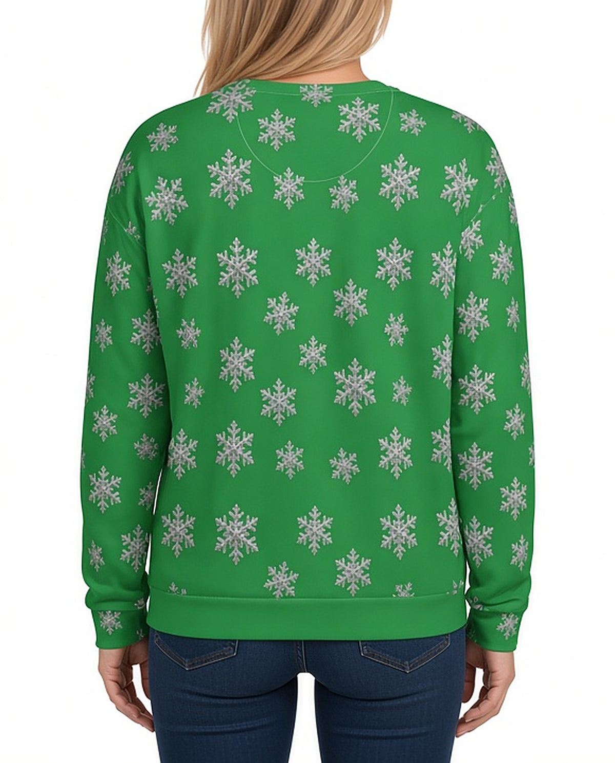 Whoop Deer It Is funny Christmas sweater in GREEN, back, worn by woman