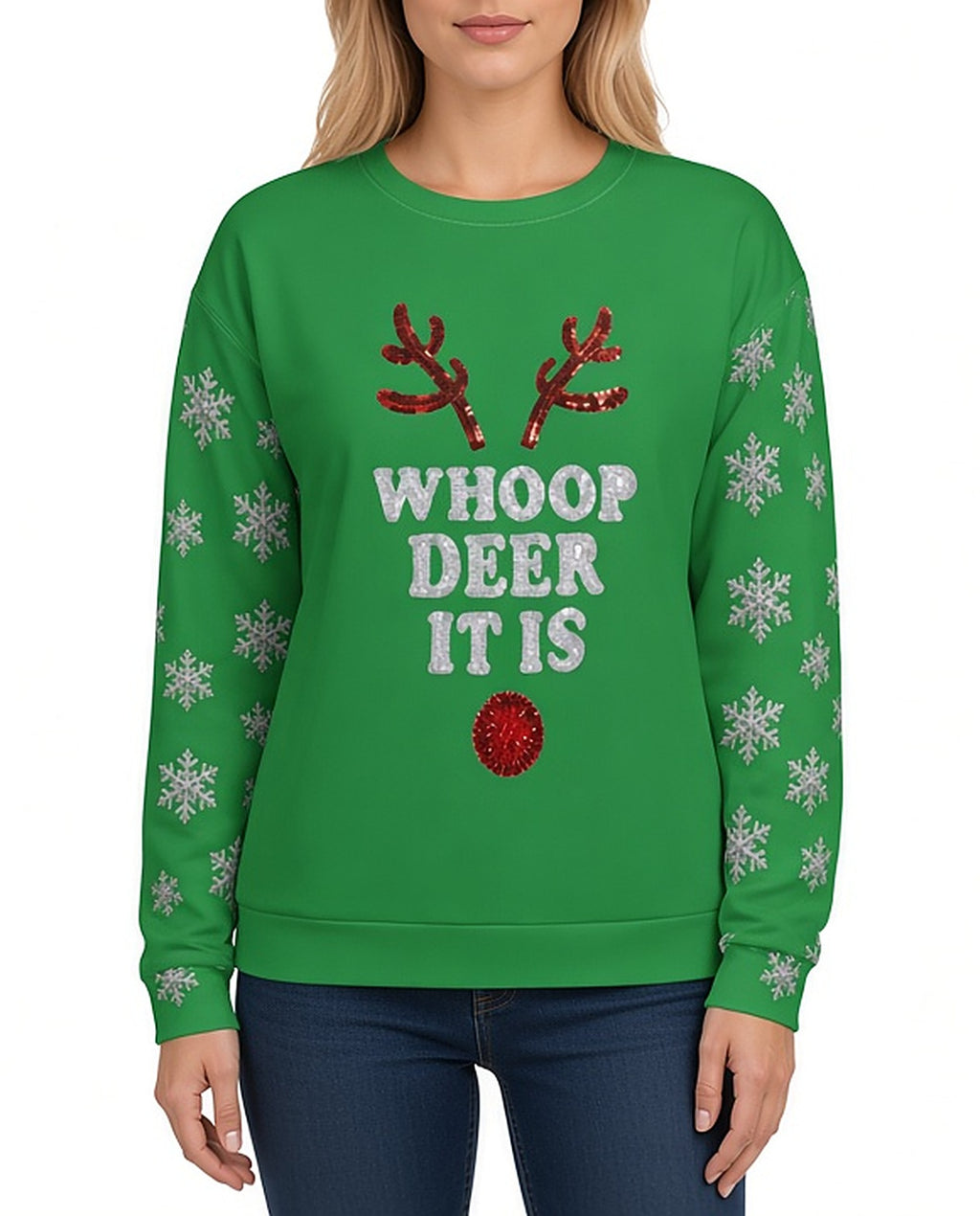 Whoop Deer It Is funny Christmas sweater in GREEN, front, worn by woman
