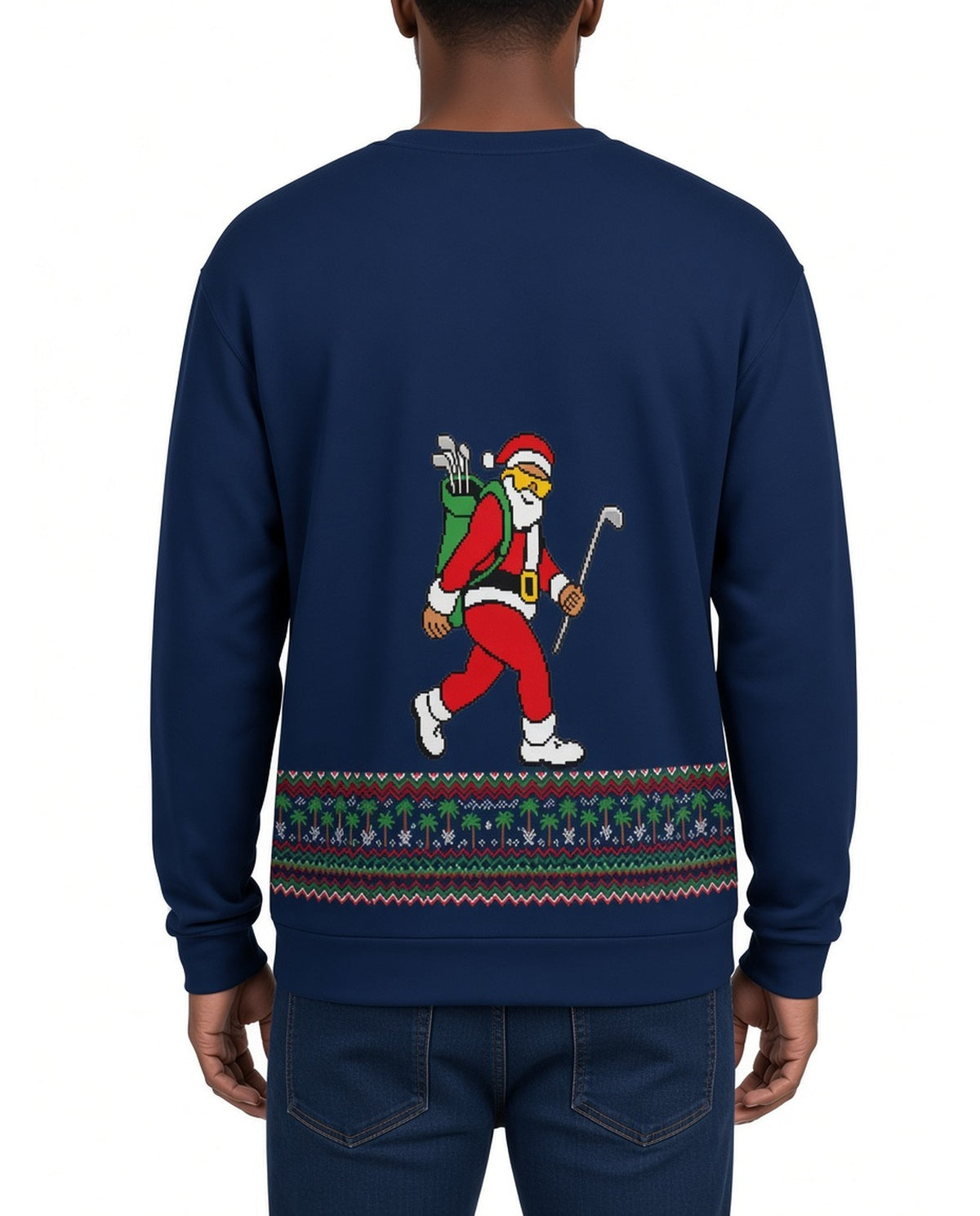 Who's Your Caddy Funny Christmas Sweater in NAVY, back, worn by man