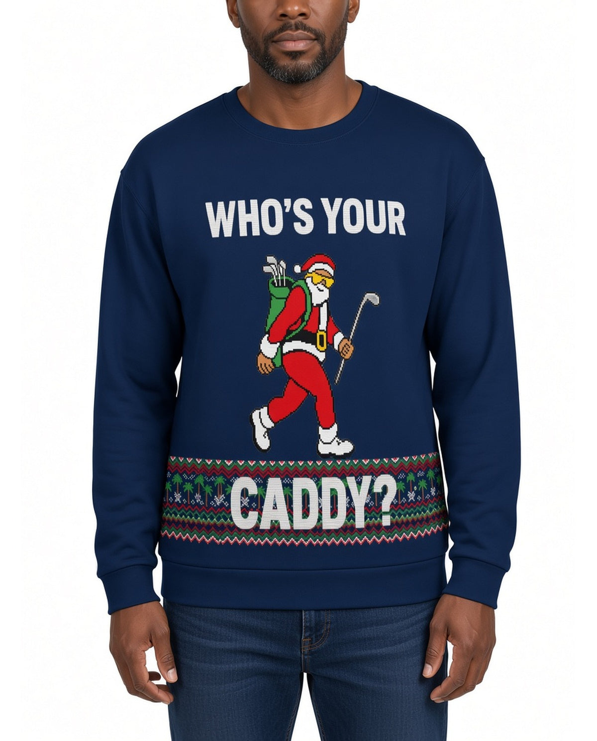 Who's Your Caddy Funny Christmas Sweater in NAVY, front, worn by man